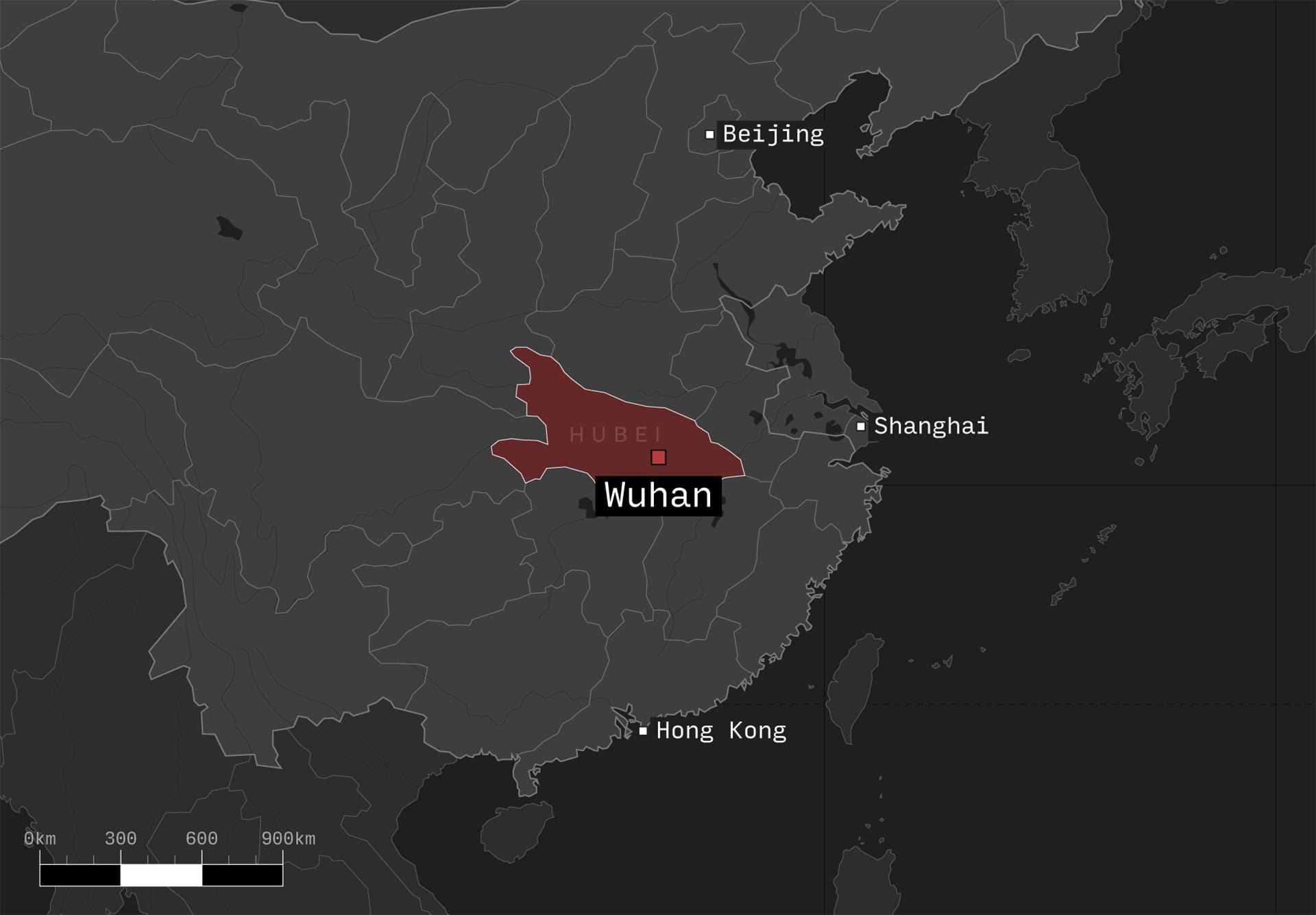 Mappa della Cina. Al centro la città di Wuhan, epicentro dell'epidemia - Storia del coronavirus